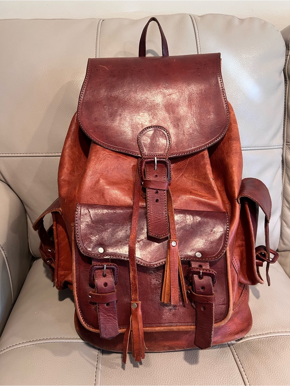 Vintage Genuine Leather Tassel Rucksack Backpack Top Flap Buckle Western Boho